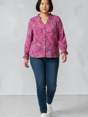Emily Daniels Floral Boho Button-Front Blouse Ruffle Neck Long Sleeves Size 3X